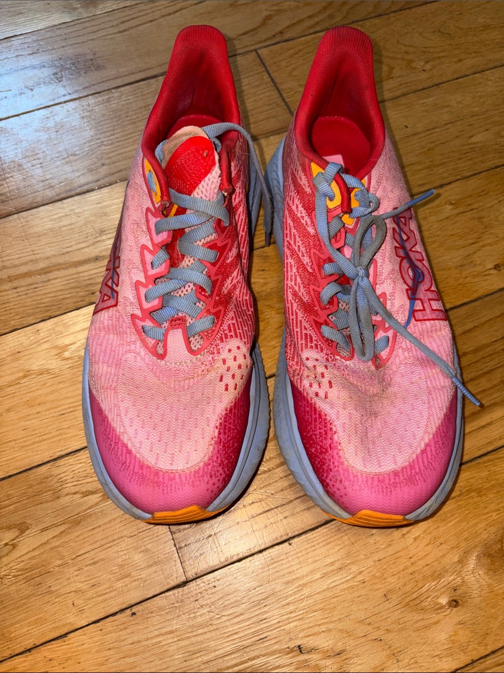 Hoka Mach 6 Coral Pink and Gray Athletic Running Shoes with Orange Accents
